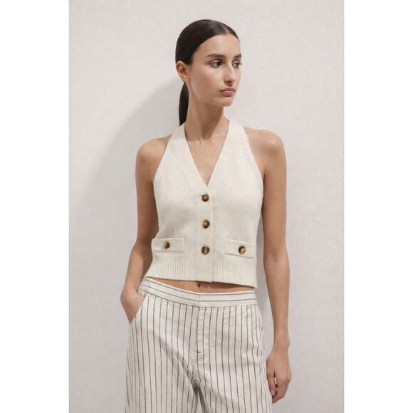 ME+EM Cashmere Cotton Halter Sweater Vest Large Cream Preppy Knit Top Minimalist